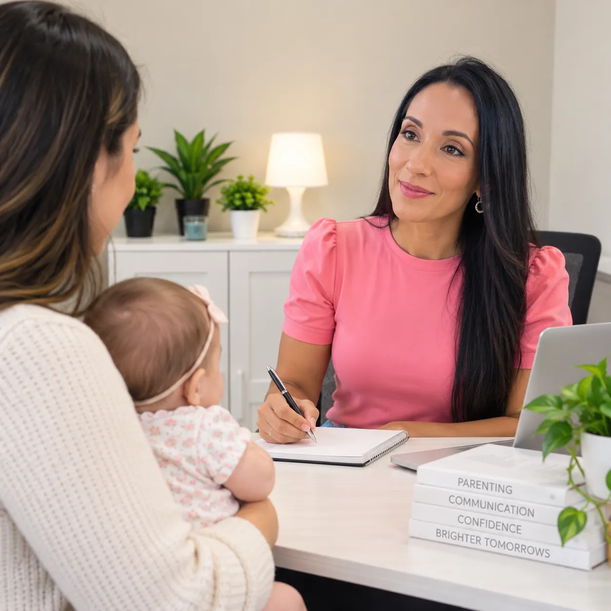 Karin taking notes while coaching a mother holding her baby